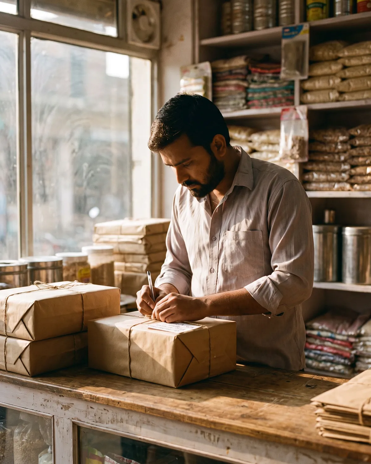Shop owner packing and labelling customer orders at a counter