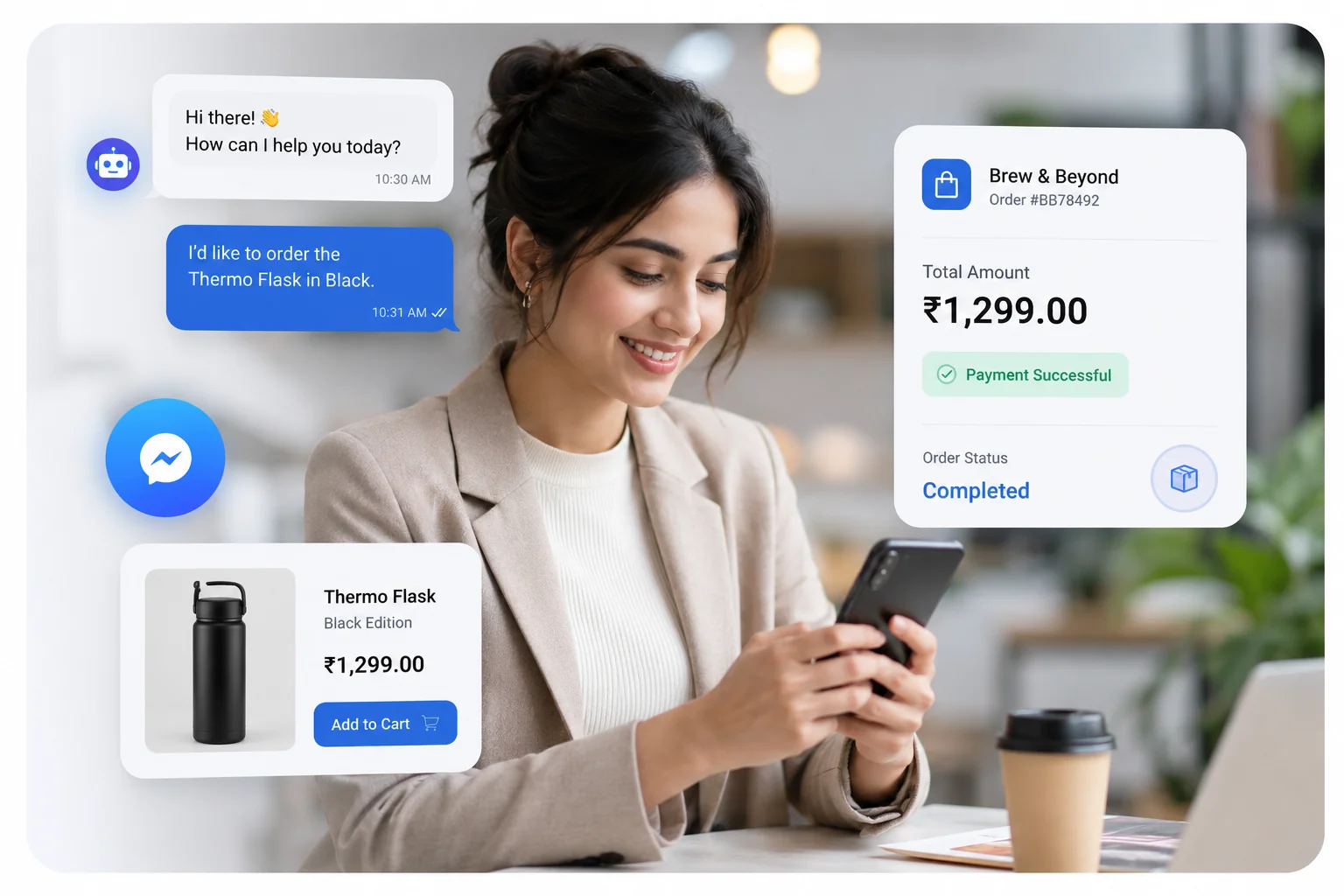 WhatsApp conversation with product card and payment confirmation