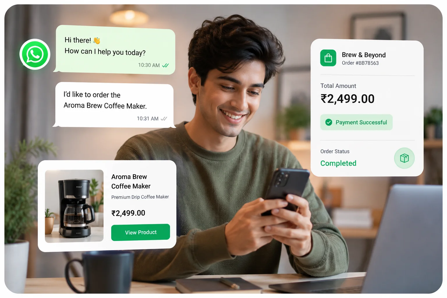 Customer completing a purchase via WhatsApp chat and product card